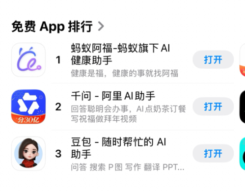 马年春节健康AI应用蚂蚁阿福登顶苹果总榜