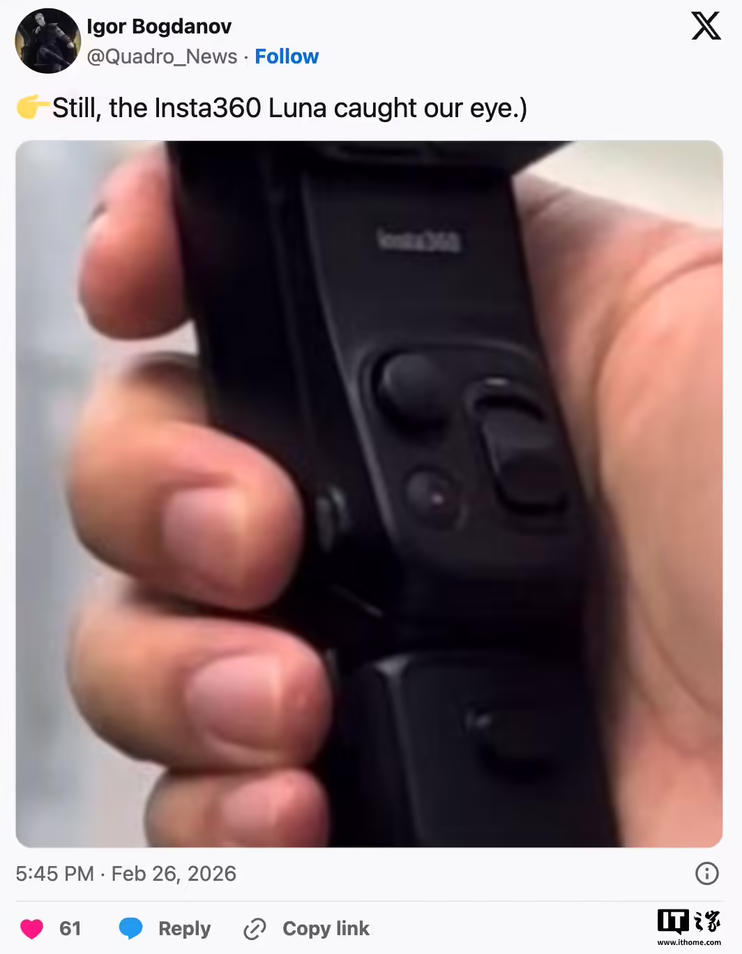 影石Insta360 Luna双摄云台相机曝光 配备70mm长焦和1500mAh电池 