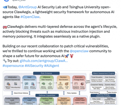 蚂蚁集团与清华联合开源ClawAegis 应对智能体安全风险