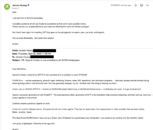 黄仁勋发文要求英伟达全员使用OpenAI Codex（GPT-5.5版）工具