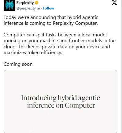 Perplexity Computer 推出混合推理功能，本地与云端模型自动分配任务兼顾隐私效率
